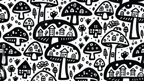 Seamless pattern with whimsical black and white mushroom houses and forest elements in a doodle style
