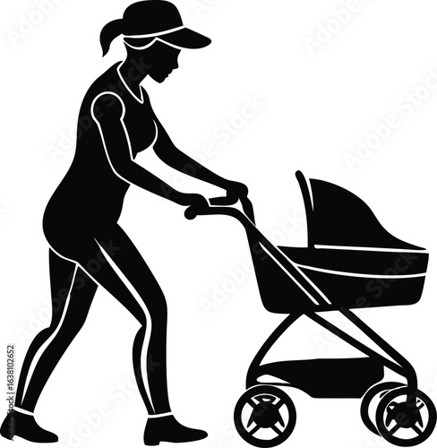 Silhouette of a woman in athletic wear and a cap pushing a baby stroller, black on white, side view, simple vector illustration, calm mood.
