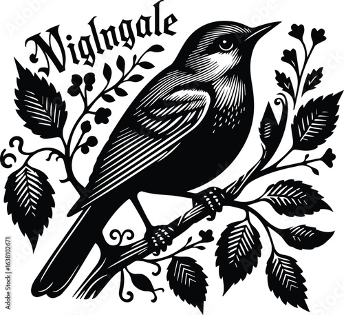 Elegant Nightingale Bird Perched on Floral Branch