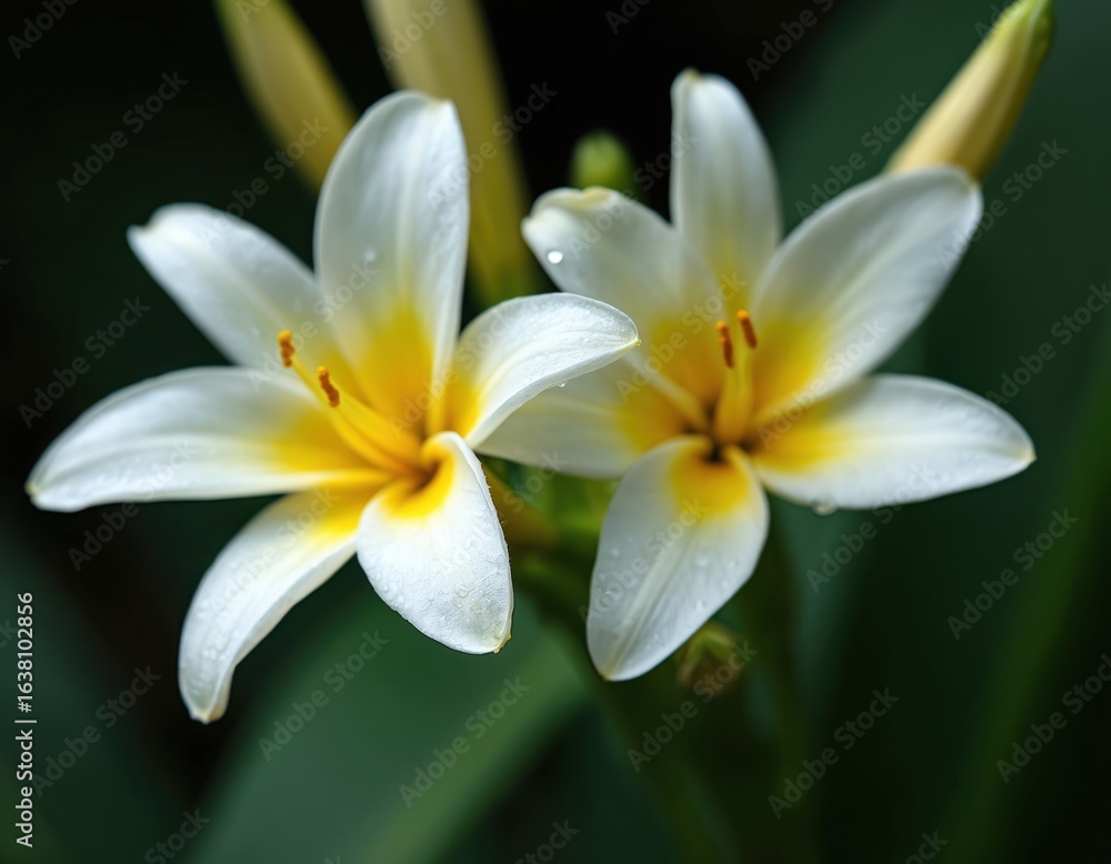 Fototapeta premium Macro shot of two blooming tuberose flowers, featuring delicate white petals with vibrant yellow centers. Tiny water droplets on petals suggest recent rain dew. Soft green leaves create natural,