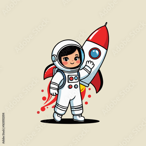 Endearing astronaut dabbing playfully on a whimsical rocket, with a trail of rainbow-colored smoke and a dazzling cosmic landscape behind.