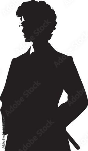 A black silhouette of 1800 japanese fashion man, possibly a man, wearing glasses and a suit, facing to the right side with their hand in their pocket.