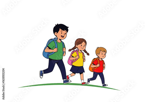 Three children with backpacks walking on a sidewalk, likely heading to school. Suitable for educational themes and backtoschool campaigns.