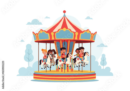 Happy children enjoying a carousel ride on colorful horses, perfect for family entertainment or amusement parkthemed concepts in marketing materials.