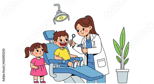 Dentist examines boy in dental chair with sister present. Suitable for dental clinic websites, pediatric healthcare materials, educational resources.