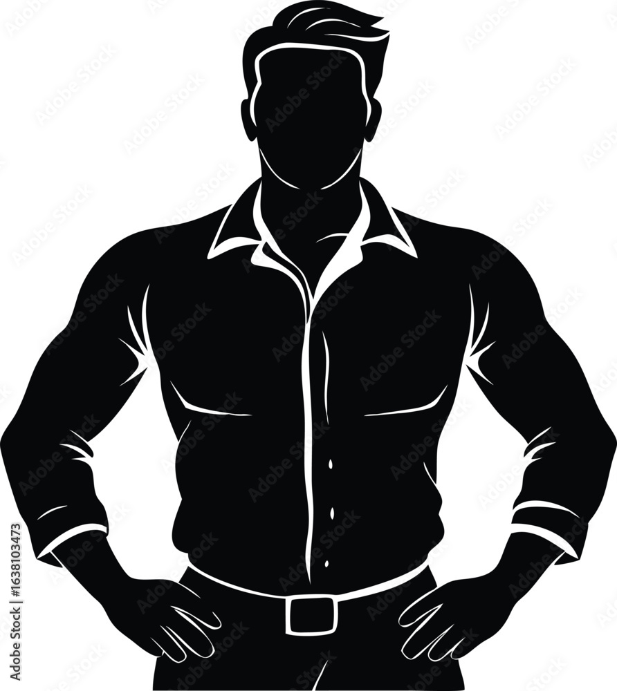 Fototapeta premium A muscular man's silhouette, hands on hips, wears an open-collared shirt and belt, depicted in stark black against a white background, creating a bold, graphic style. 