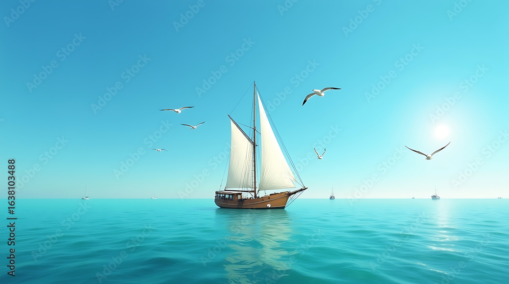 Fototapeta premium A solitary sailboat gliding across a crystal-clear blue ocean under a bright sun, a serene maritime scene in 4K and HD.
