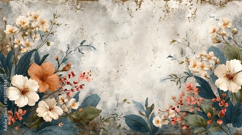 A lush ornate background featuring a vibrant display of blooming flowers leaves and branches in a vintage textured style