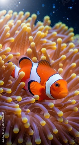 Close-up of a bright orange clownfish nestled among sea anemones, portrait orientation