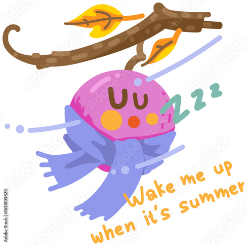 a cute, pink, apple-like cartoon character with closed eyes, seemingly asleep or hibernating, with "zzz" indicating sleep. 