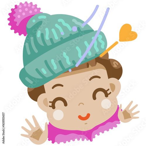a cute cartoon illustration of a little girl wearing a knitted hat with a pom-pom