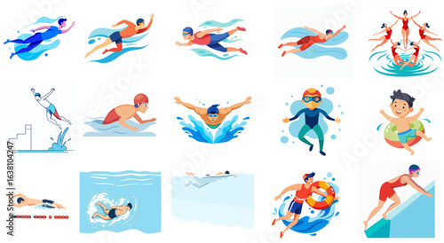  Full Body Vector Swimmer Performing Freestyle Stroke in Water, Flat Minimalist color Design on White Background