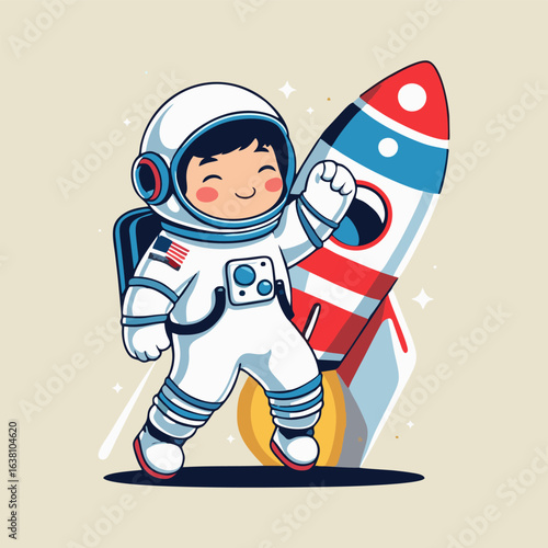 Endearing astronaut dabbing playfully on a cartoonish rocket, leaving a trail of sparkles and surrounded by floating balloons in a starry sky.
