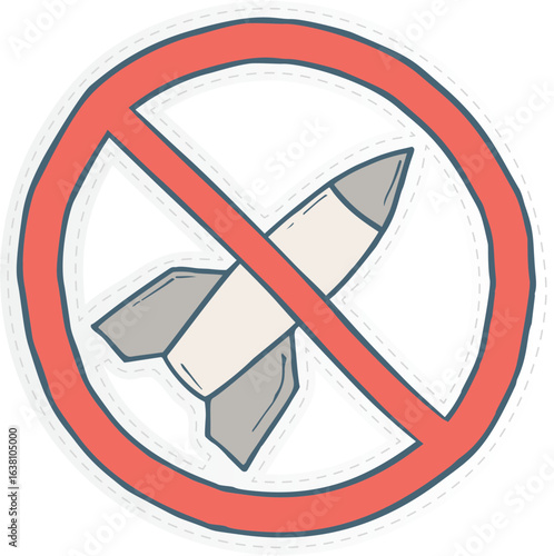  a "No War" sticker featuring a rocket or missile crossed out within a red circle, symbolizing a call for peace and anti-war sentiment. 