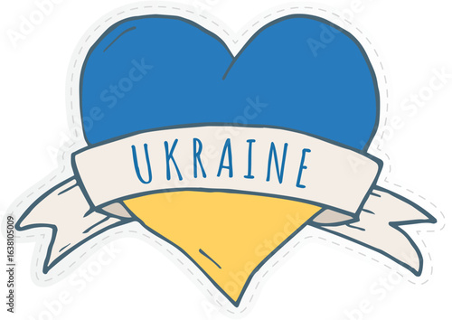 a heart-shaped symbol in the colors of the Ukrainian flag (blue and yellow) with the word "UKRAINE" written across a banner. 