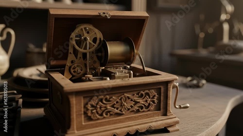 Intricate vintage music box with gears on wooden table with decorative carving details, old mechanical technology
