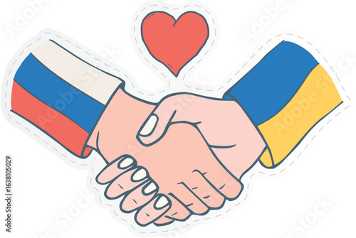  a handshake between hands adorned with the Russian and Ukrainian flags and a heart symbol above them