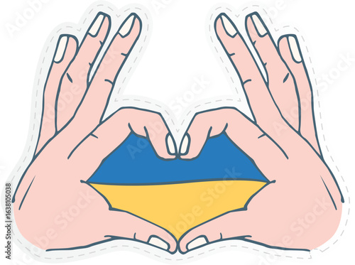  a heart shape formed by hands, filled with the colors of the Ukrainian flag (blue and yellow).