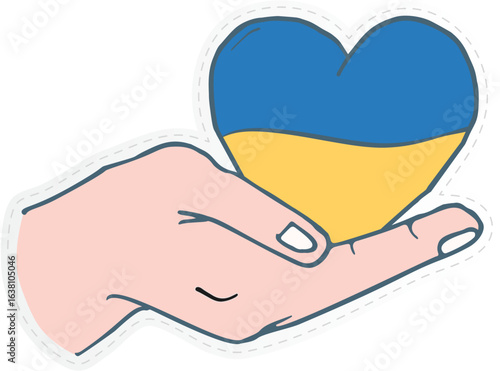  hand holding a heart colored with the blue and yellow of the Ukrainian flag, is a widely recognized symbol of solidarity and support for Ukraine. 