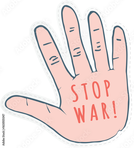 a hand with the words "STOP WAR!" written on its palm. This is a powerful and direct symbol for protesting against war and advocating for peace. 