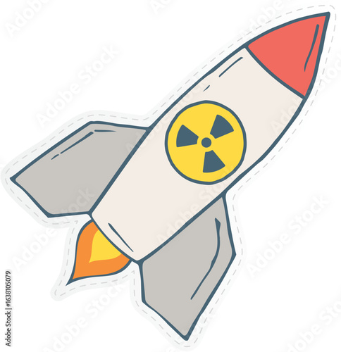 a doodle or cartoon-style illustration of a rocket with a nuclear symbol on its side. 