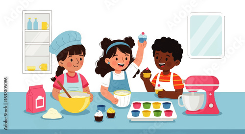 Kids happily baking cupcakes in a bright kitchen, suitable for lifestyle blogs, cooking websites, and familyoriented marketing materials.