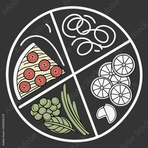 A circular diagram divided into four sections showcasing different food ingredients and a slice of pizza