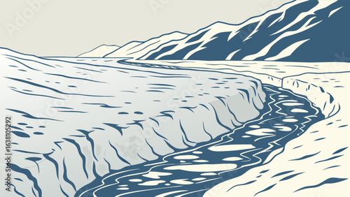 Explore arctic landscape with river and mountains vector illustration for travel and nature lovers