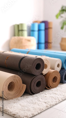 Stack of rolled yoga mats