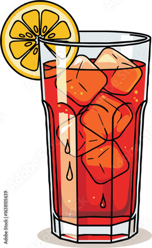 09082025_Iced Tea with Lemon
This is a clean vector illustration of a tall glass of iced tea or iced coffee. The glass is filled with a dark amber liquid and several ice cubes.

