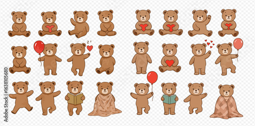 A charming collection of hand-drawn teddy bear characters in various poses, holding hearts and balloons, expressing love and happiness.
