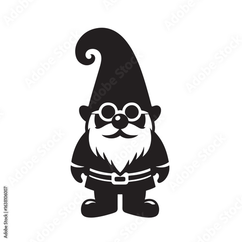 Black silhouette of a gnome with glasses and a pointed hat white background