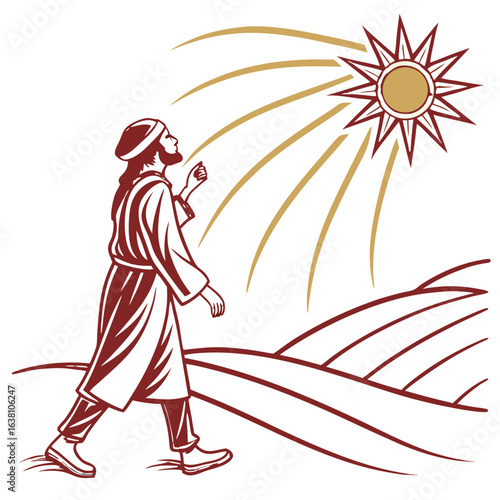 Man in traditional clothing walking towards a bright sun over rolling hills