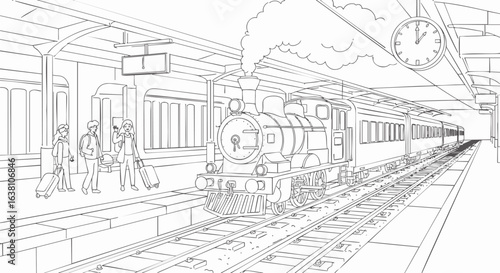 Vintage steam train arriving at a classic railway station platform. Outline vector illustration with passengers and luggage.