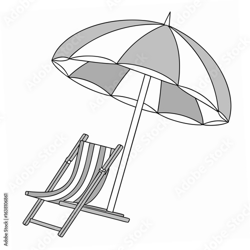 Simple illustration of a striped deck chair under a beach umbrella on a white background