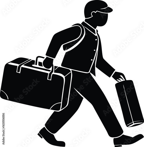 A silhouetted bellhop, wearing a cap and vest, strides right carrying a large suitcase and smaller bag, against a white background.
