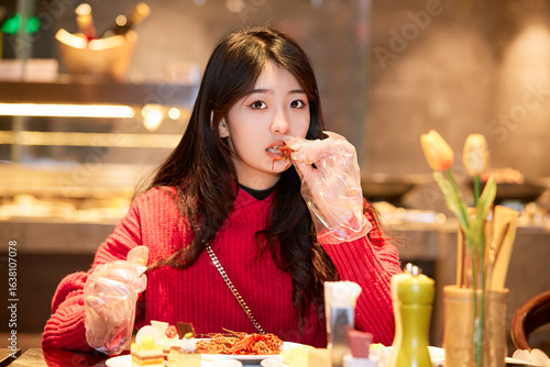 Foto A cute girl enjoying a hearty meal at the hotel buffet.
