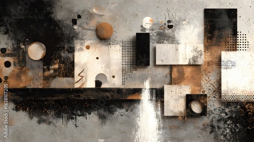 A striking abstract artwork featuring a harmonious arrangement of geometric shapes textures and muted tones creating a captivating and intricate visual experience