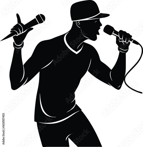 Silhouette of a rapper with two microphones, wearing a cap, singing passionately, against a white background, creating a dynamic, energetic, and bold illustration.
