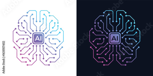 Artificial Intelligence AI Chip in Human Brain. Artificial Intelligence icon with Machine learning, digital skills, generative AI, AI technology, algorithm, virtual intelligence and future	