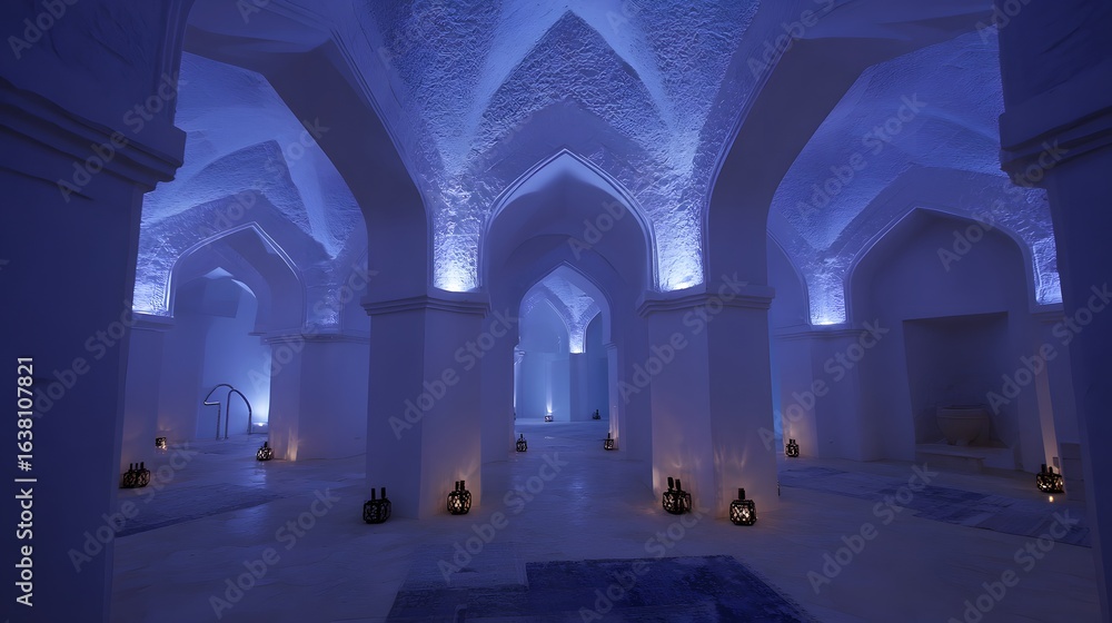 Fototapeta premium An interior view of a dimly lit, arched structure.