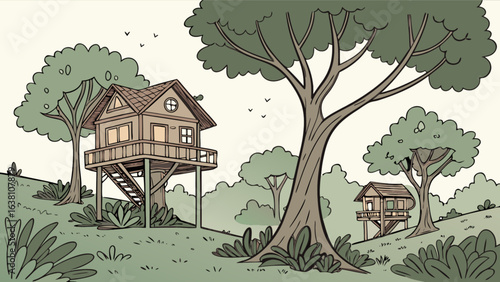 Illustration of whimsical treehouses in a lush forest landscape with birds flying in the sky above the trees