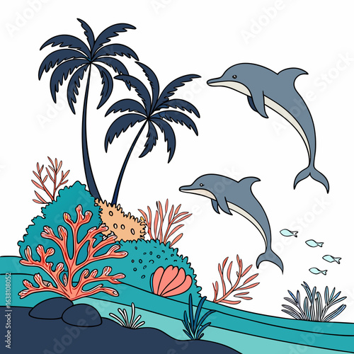 Two playful dolphins leap from turquoise ocean waves near palm trees and colorful coral reefs