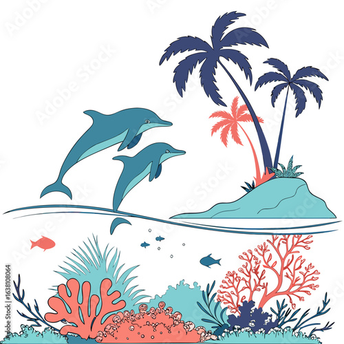 Two playful dolphins leap from the ocean near a tropical island with palm trees and coral reef below