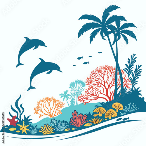Two playful dolphins leap near a tropical coral reef with palm trees and fish