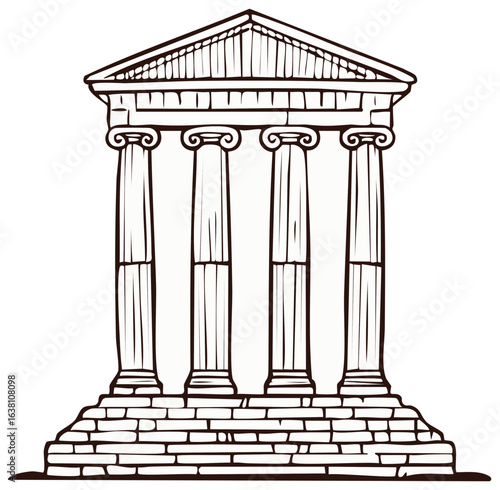 Ionic Style Ancient Greek Temple Facade with Pediment and Columns