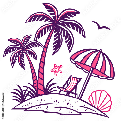 Vibrant tropical island scene with palm trees beach chair umbrella starfish and seashell