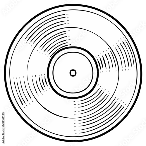 Monochrome circular illustration of a classic record with concentric black lines representing the grooves