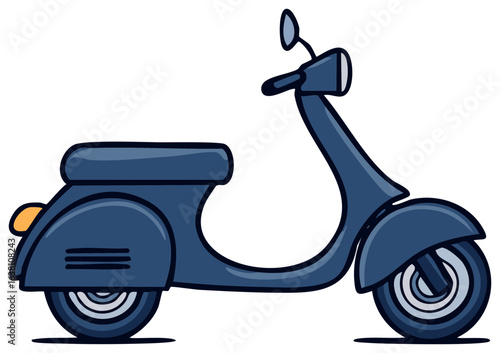 Blue scooter illustration with cartoon style design and white background.
