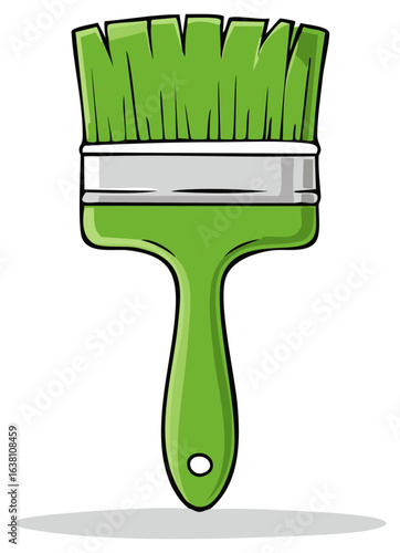 A bright green paint brush with a silver ferrule and bristles ready for use
